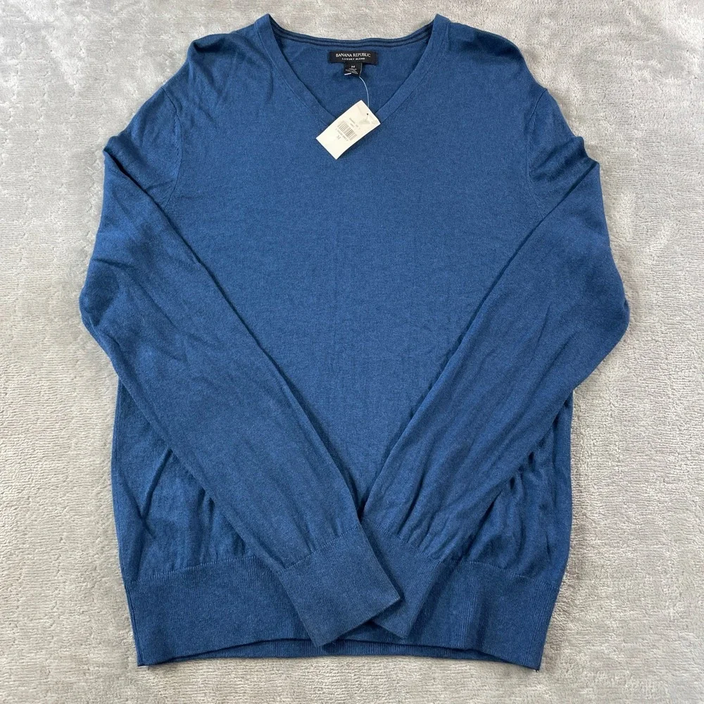 Banana Republic Sweater Mens Medium Blue Luxury Blend Silk Cashmere V Neck